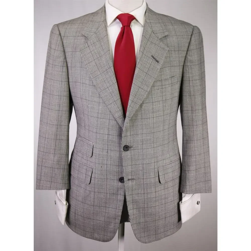 Edgar Pomeroy Bespoke Tan Black Plaid 2-Btn Handmade Wool Suit 38S